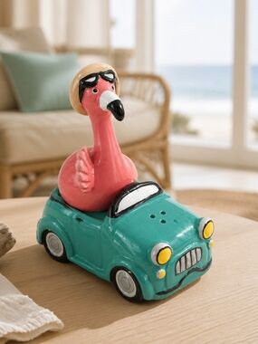 Ceramic Pink Flamingo in Teal Car Decorative Accent Salt And Pepper Shakers